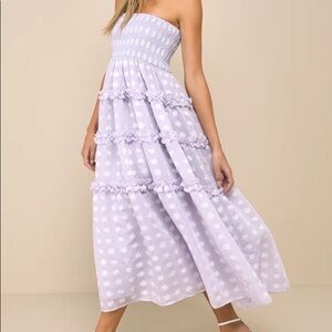 NWT Lulus Beautiful Sentiments Lavender Floral Strapless Tiered Midi Dress